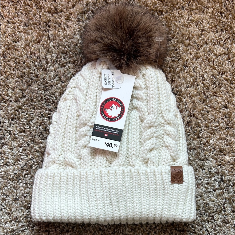 Canada weather gear Cream Cable Knit Beanie with Brown Pom and Plush Lining